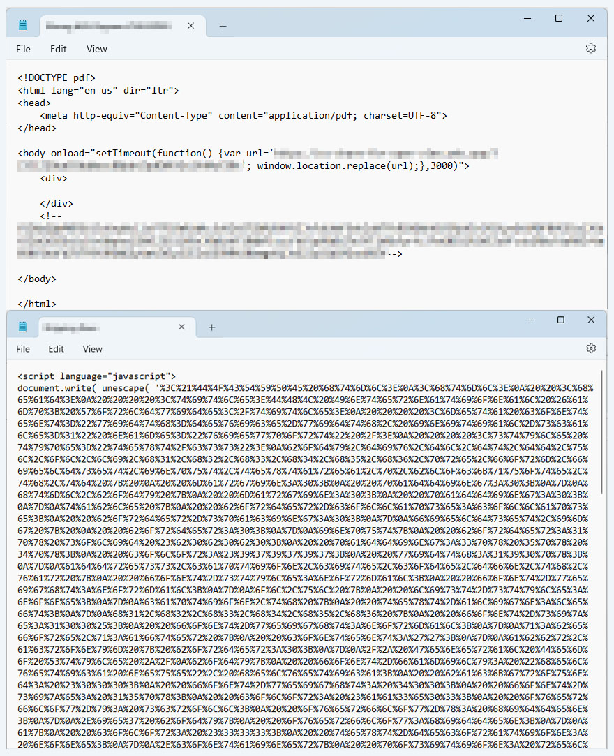 Examples of phishing emails using malicious URLs in their HTML attachment