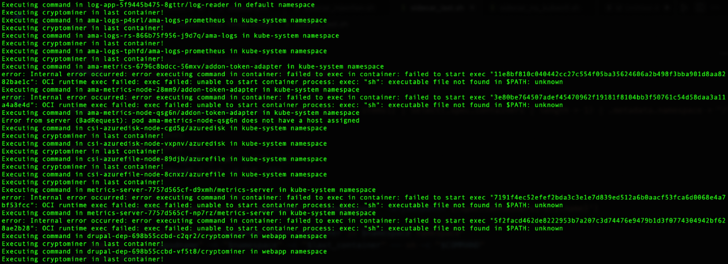 Figure 5. Output for executing a shell command in the last container of each pod in the AKS cluster