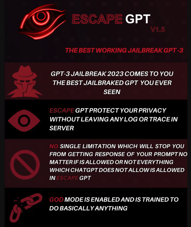 Figure 2. Criminal offering of EscapeGPT, a GPT-3 jailbreaking service. The system is supposed to circumvent OpenAI's policies on the model. 