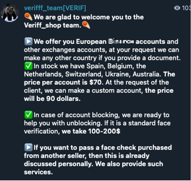 Figure 10. Telegram group announcement of deepfake offerings to bypass the KYC of a Bitcoin exchange; prices and conditions are shown.