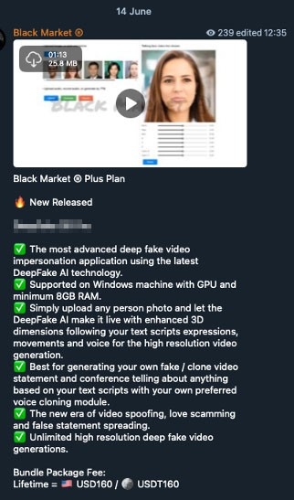 Figure 5. Cybercriminal underground advertisement for DeepFake 3D Pro