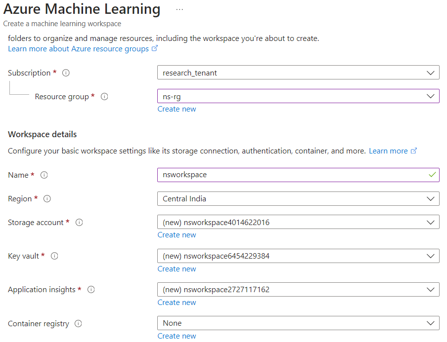Figure 18. Storage Account naming convention observed while creating an AML workspace